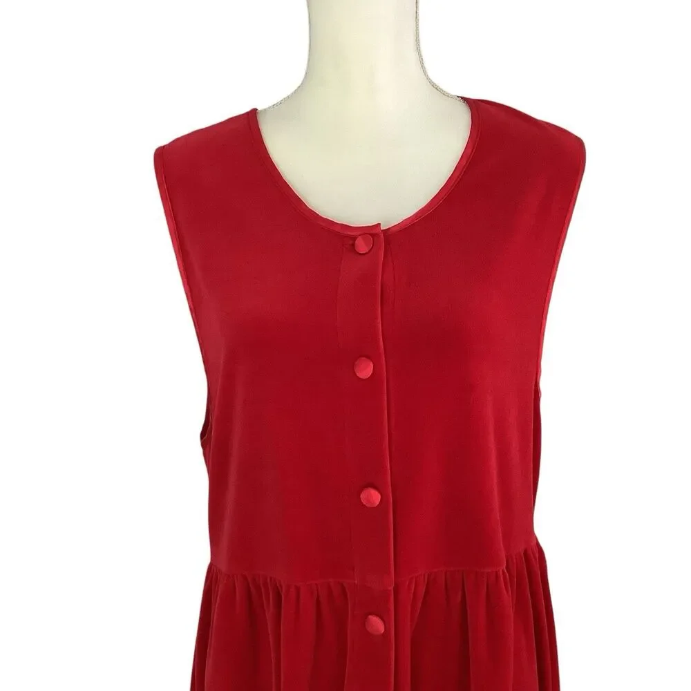 Vintage Red Velvet Midi Maxi Dress L Button Front Pleated A Line Holiday 80s 90s